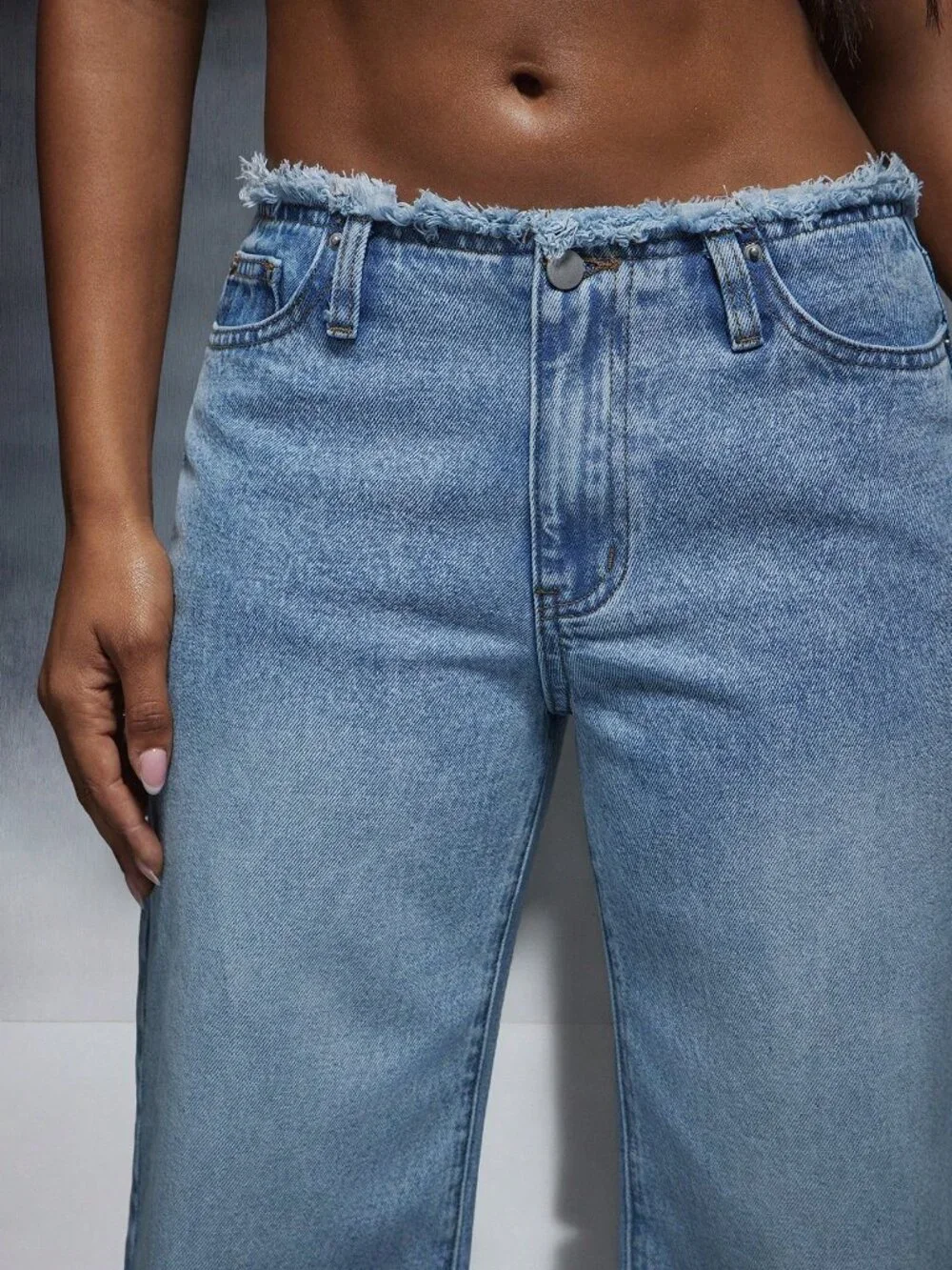 Medium Wash Casual Women's Zipper Fly Low Rise Raw Edge Straight Leg Baggy Jeans